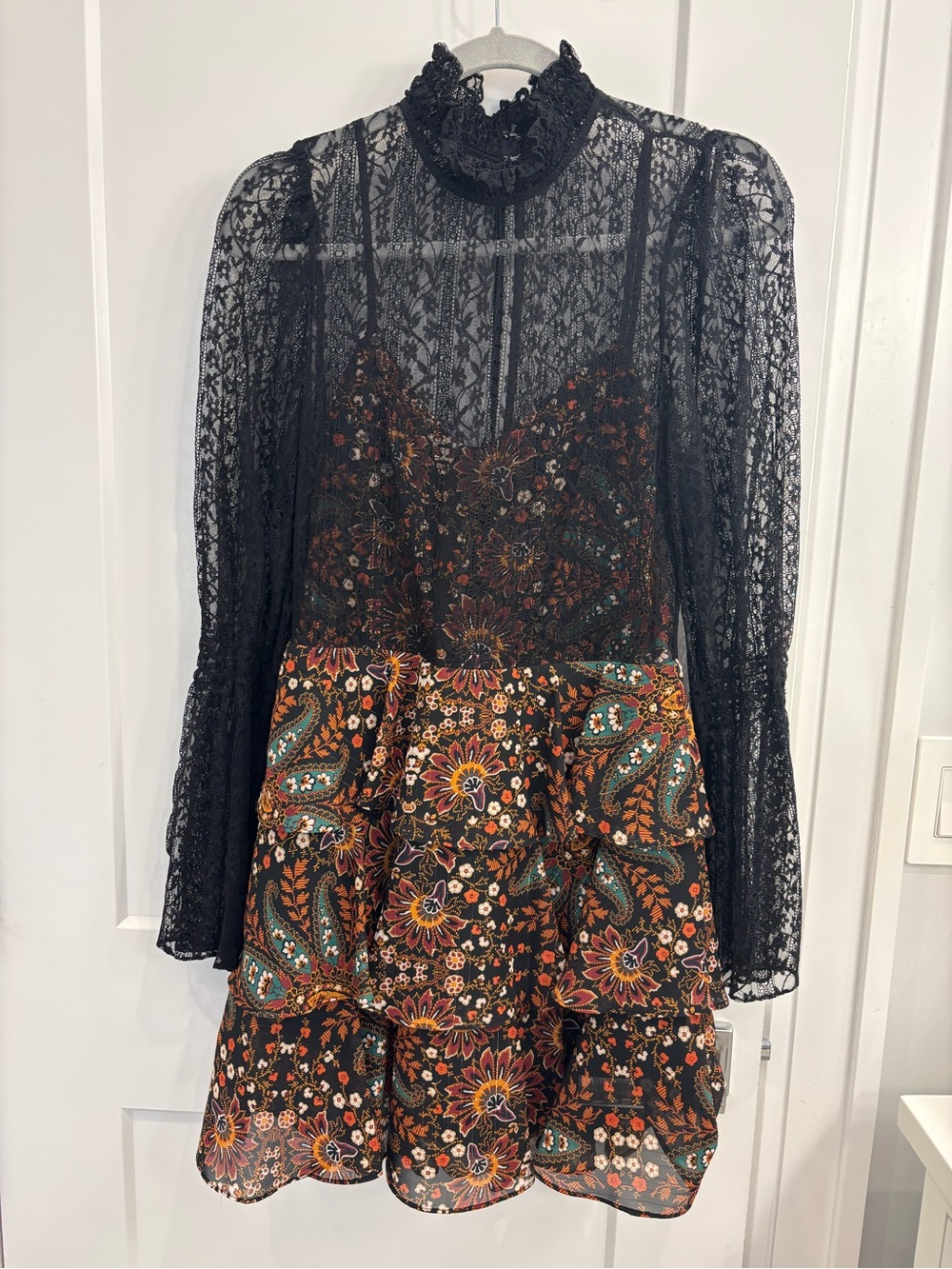 Free People Black Lace Yoke Floral Tiered Dress